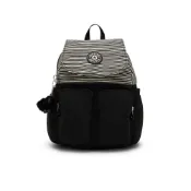 【KIPLING】『猴子包』白色條紋拼接掀蓋多袋收納後背包-CITY POCKET S