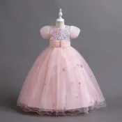 (店+)love charlotte粉色繡花亮片釘珠裝飾短袖長裙禮服(禮服 粉色 長裙 演奏 表演 生日 婚禮)
