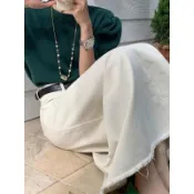 梨形救星 開衩牛仔裙 中長款裙子 復古牛仔裙 顯瘦 春夏大碼米白色牛仔半身裙女高腰胖mm顯瘦中長款毛邊a字魚尾裙子