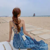 QB 長款洋裝 日常通勤裙子 素色極簡風 吊帶裙女波西米亞風沙灘裙女海邊度假泰國超仙吊帶露背民族風連衣裙長裙子