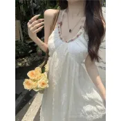 公主裙洛月花神夏季新款純慾大露背掛脖吊帶連衣裙女綁帶長裙顯瘦連身裙套裝 連身長裙 連衣裙 無袖洋裝 荷葉邊洋裝