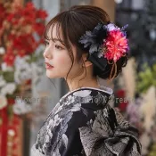 Pinkoi 代購 - 成人式畢業袴發表會適用 ♡ 和風現代風格大理花與羽毛緞帶髮夾 大正羅馬 古董和服 復古和服