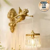 【可開統編】法式復古水晶背景牆黃銅壁燈美式小天使 臥室燈床頭壁燈