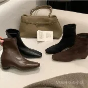 【X.Z】臺灣出貨 免運 秋季短靴女 牛皮版新款內增高6cm~尖頭真皮瘦瘦粗跟短靴女新款秋冬靴子