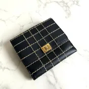 稀有中古二手Chanel黑色外縫線金扣皮革短夾銀包錢包中古包古董包