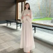 【雪梨·女装❤️】白色洋裝 名媛洋裝 生日洋裝 宴會洋裝 度假風甜美雪紡連身裙女 白色半高領收腰大擺裙 超仙氛圍感長裙