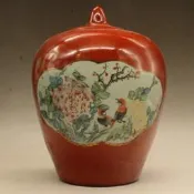 滿300出貨 居仁堂紅釉花鳥蓋罐 古玩瓷器 古玩古董 古董擺件 做舊瓷器收藏