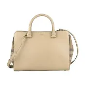 【BURBERRY 巴寶莉】BURBERRY Banwell燙金LOGO牛皮拼接帆布拉鍊手提/肩背兩用包(小/栗子米x多色)
