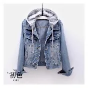【初色】休閒百搭抽繩連帽坎肩長袖牛仔夾克外套-共2色-32137(M-2XL可選)