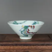 協貿國際日用品生活8館 明成化青花斗彩茶杯過枝竹枝鳳凰斗笠杯古玩古董陶瓷器仿古收藏品