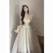 【可可家女裝店】春夏 法式 復古 宮廷風 蕾絲邊 收腰 大擺裙 在逃 公主 顯瘦 長袖 洋裝
