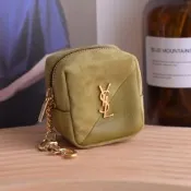 YSL Saint Laurent金屬LOGO素色羊皮方形零錢包(草綠)