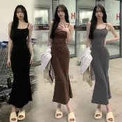 吊帶洋裝女無袖露背連身裙女夏季純欲氣質魚尾中長款打底包臀裙子【時尚大衣櫥】
