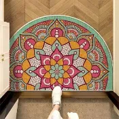 【JOCIYO 聚時柚】熱轉印彩繪曼陀羅90x60cm類亞麻編織半圓地墊 橡膠底防滑 玄關門口刮泥落塵吸水腳踏墊