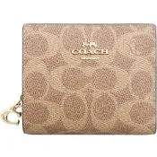 【COACH】Cx焦糖咖啡x卡其PVC滿版LOGO對折式零錢包短夾