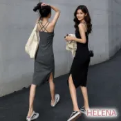 【海麗娜】開衩連衣裙 細肩帶洋裝 u領連身裙 吊帶衣套 露背裙裝 顯瘦氣質美背無袖貼身交叉長版收腰 女裝【A1245】