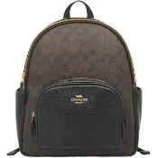 【COACH】黑 X深咖啡PVC滿版LOGO中款雙拉鍊前口袋後背包