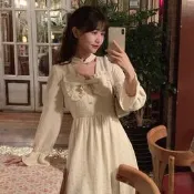 仙女裙子秋季日系軟妹可愛蝴蝶結荷葉邊大裙擺連衣裙學生女中長款