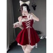 依美絲♦EMS 【❤︎優雅蕾絲聖誕裙❤︎】毛絨聖誕裝 聖誕洋裝 綁帶洋裝 露背洋裝 聖誕衣服大人 紅色洋裝 聖誕裝