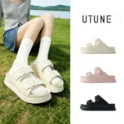 UTUNE 勃肯風雙排扣涼鞋 EVA 軟底防滑 可調整鬆緊 4cm 增高 舒適平底 戶外海灘休閒鞋
