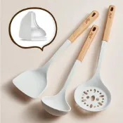 (店+)【新錸家居】1入加大款-無印風櫸木★食品級彈性矽膠鍋鏟/湯匙勺/漏撈濾網勺杓(不沾鍋/可吊掛耐熱高溫/好握炒菜煎鏟廚具不傷不粘鍋)