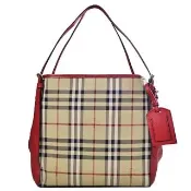 【BURBERRY 巴寶莉】Canter Horseferry 緹花格紋肩背托特包(紅色)