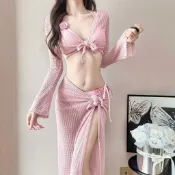【台灣發貨】👙泳衣 泳裝 游泳泡溫泉海邊渡假粉霧美人淺粉色顯白遮肉小胸聚攏海邊度假泡溫泉四件套分體泳
