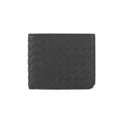 【BOTTEGA VENETA 寶緹嘉】小牛皮編織內拼色對開8卡短夾(黑色/閃電灰)