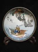 古瓷堂日本回流瓷器 日本中古 大正老九谷燒 細筆開窗手繪 乘風破浪 仙鶴梅花 人物賞盤 可當壺承杯墊 全品相無瑕疵 陶瓷收藏