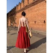 TW雲南大理穿搭法式紅色吊帶洋裝女性感露背適合海邊度假拍照裙子Korea CM6M