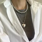 (店+)【EMMA SUE】項鍊 米粒珠 鈦鋼項鍊 愛心 吊墜 灰色 精品 項鍊 毛衣鏈 鎖骨鍊 串珠項鍊 愛心項鍊 項鍊女 情人節禮物
