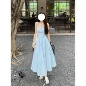 【顯瘦收腰】露背掛脖吊帶裙 吊帶連衣裙 吊帶裙洋裝 係帶時尚氣質中長款 收腰連身裙 背帶裙 連身裙 夏季新款