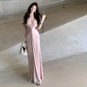法式聚會派對性感粉色長裙女裝緊身V領無袖露背中長款緊身洋裝