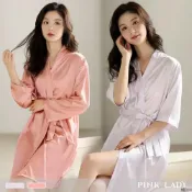 (店+)【PINK LADY】綁帶式睡袍 柔滑絲緞 柔緞漫舞 V領 絲質睡袍 七分袖/長袖睡衣 女睡衣 居家服 001