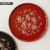 日本進口山中漆器手繪櫻花茶托盤圓形奉茶盤子點心水果盤喬遷禮物