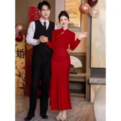 錦繡年華🔥 高端大氣旗袍 改良紅色旗袍 結婚新娘敬酒服 訂婚宴會禮服 氣質魚尾裙 收腰顯瘦連衣裙 高級感連衣裙