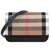 【BURBERRY 巴寶莉】MADISON 英系經典格紋牛皮拼接迷你翻蓋斜背包(駝/黑邊)