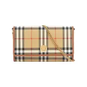 BURBERRY 經典格紋皮夾式手拿包/鍊包WOC(米色/石楠木棕)