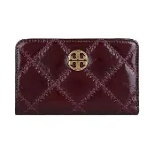 【TORY BURCH】TORY BURCH Willa經典圓形雙T金字LOGO菱格縫線設計漆皮10卡扣式對折中夾(深果醬紅)
