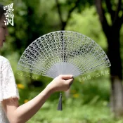 可開發票💖 嘿古龍洞三角紋八寸古國風金屬折扇子鏤空不鏽鋼鐵扇防身太極功夫