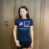 美國百分百【全新真品】 FILA 短袖 T恤 T-shirt 運動潮流 女 腰身 圓領 大 logo 深藍 BF33