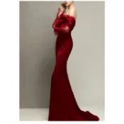 YLFF-Brides酒紅色禮服新娘一字肩長袖緞面輕薄婚紗魚尾訂婚禮服輕Ff396