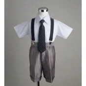 米米世界【全套整燙】【全館台灣現貨】BWTS03282兒童套裝禮服/西褲.短襯衫.領帶.領結.四件式/男童服咖啡色西裝褲