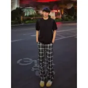cleanfit黑白格子褲男款秋冬美式慵懶風刷毛褲子寬鬆休閒直筒長褲