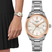 TISSOT 天梭 官方授權 PR100 經典簡約白蝶貝氣質腕錶/玫瑰金X銀/34mm/T1502102111100