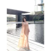 【KIKIFAME】🤍偏偏欲仙✨渡假風網紗拼接假兩件長洋裝 繫帶洋裝 網紗洋裝 平口洋裝 無袖洋裝 渡假洋裝 露肩洋裝