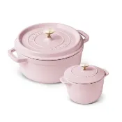 【STAUB】粉紅奶酪琺瑯鑄鐵鍋雙鍋組-圓鍋/黃銅頭24cm+飯鍋12cm(德國雙人牌集團官方直營)