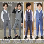 【俏寶貝童裝~新竹實體店面】 男童紳士灰黑細格背心+長褲+領結 三件式套裝 花童西裝禮服 表演服 畢業典禮