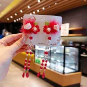 中國風頭飾新年喜慶紅色流蘇髮夾古風漢服花朵春節過年女孩髮飾