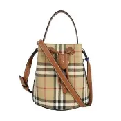 【BURBERRY 巴寶莉】格紋帆布及皮革迷你水桶包(經典米色/石楠木棕)